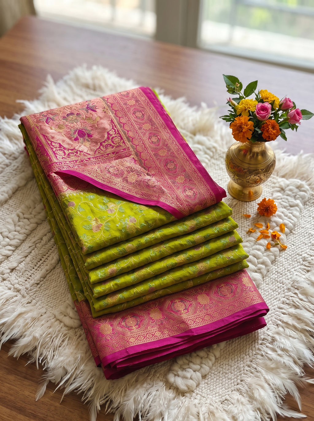 Parrot Green Banarasi semi Katan Silk Saree with Meenakari Floral Jaal & Rani Pink Woven Border and Rich Pallu