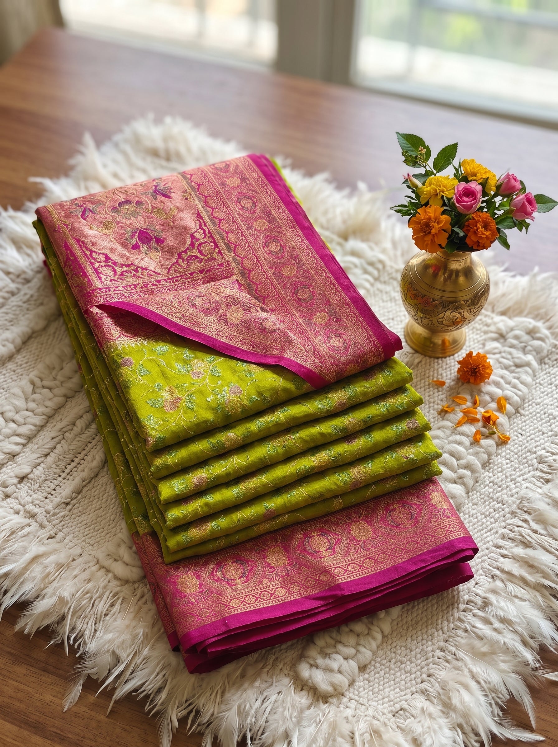 Parrot Green Banarasi semi Katan Silk Saree with Meenakari Floral Jaal & Rani Pink Woven Border and Rich Pallu