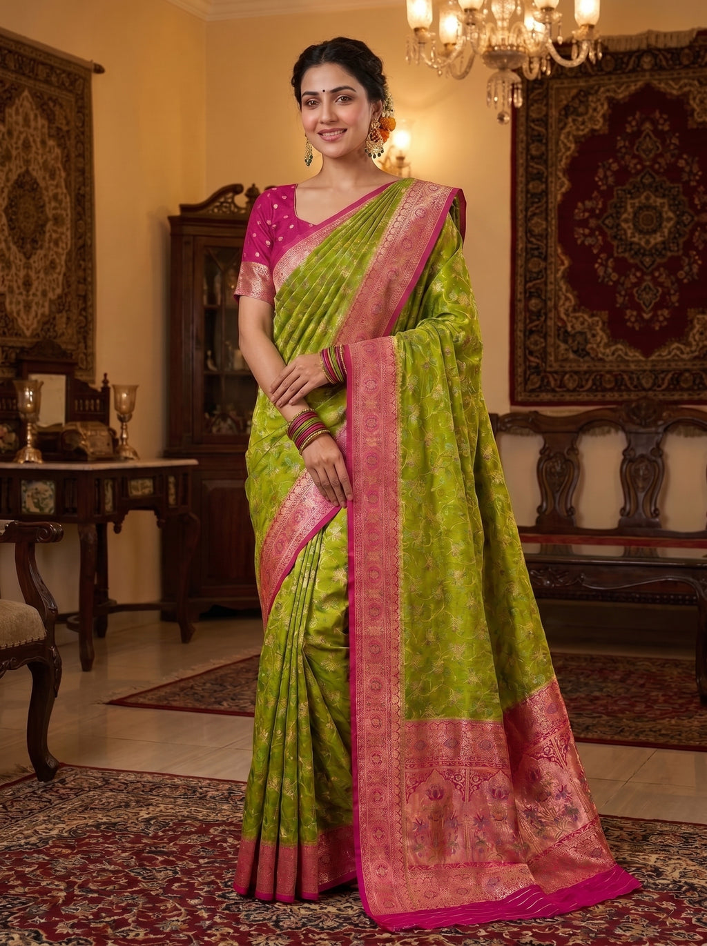 Parrot Green Banarasi semi Katan Silk Saree with Meenakari Floral Jaal & Rani Pink Woven Border and Rich Pallu