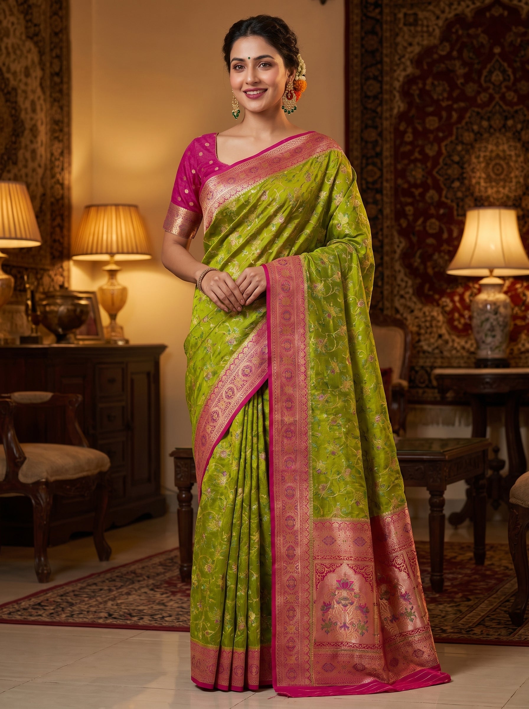 Parrot Green Banarasi semi Katan Silk Saree with Meenakari Floral Jaal & Rani Pink Woven Border and Rich Pallu