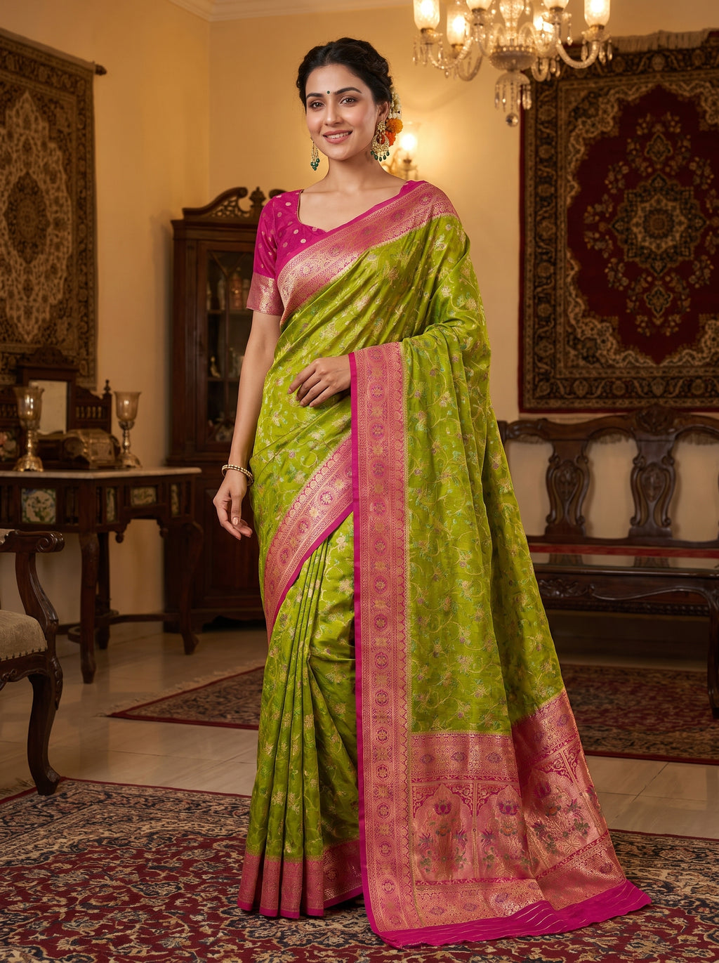 Parrot Green Banarasi semi Katan Silk Saree with Meenakari Floral Jaal & Rani Pink Woven Border and Rich Pallu