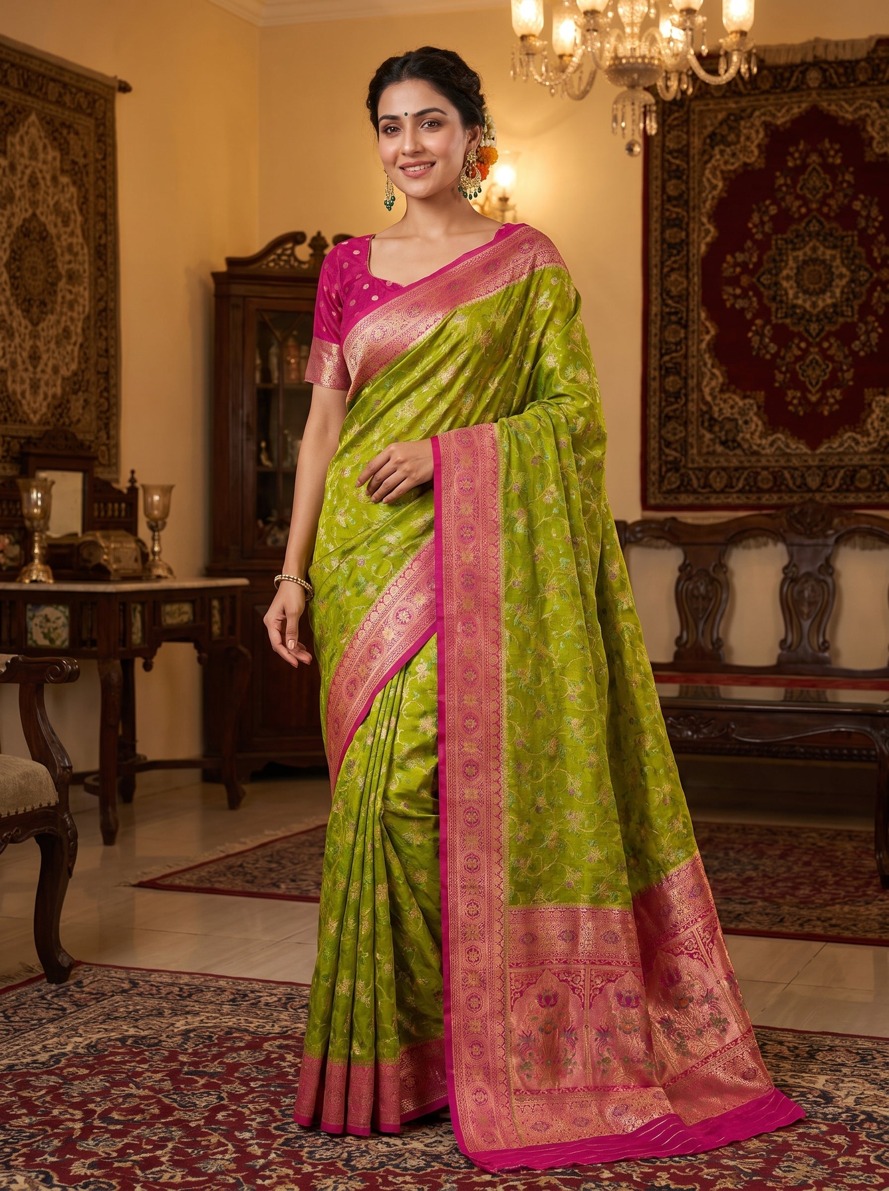 Parrot Green Banarasi semi Katan Silk Saree with Meenakari Floral Jaal & Rani Pink Woven Border and Rich Pallu