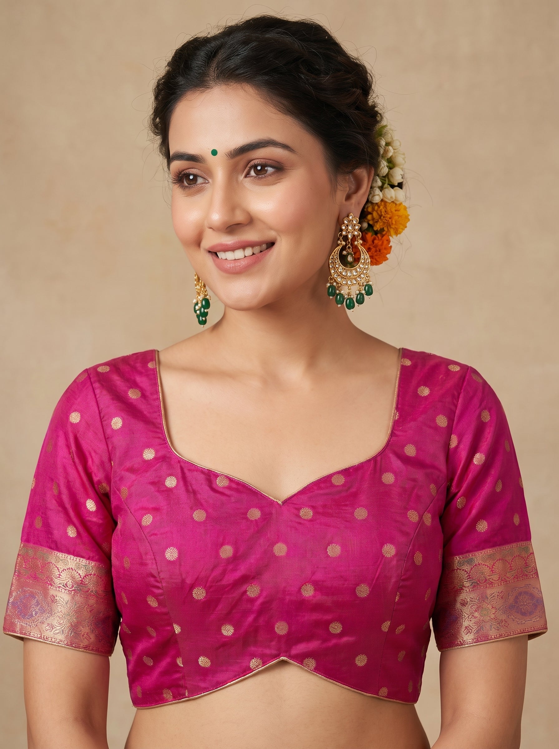 Parrot Green Banarasi semi Katan Silk Saree with Meenakari Floral Jaal & Rani Pink Woven Border and Rich Pallu