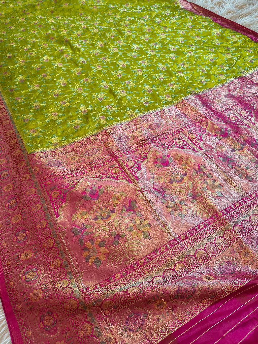 Parrot Green Banarasi semi Katan Silk Saree with Meenakari Floral Jaal & Rani Pink Woven Border and Rich Pallu