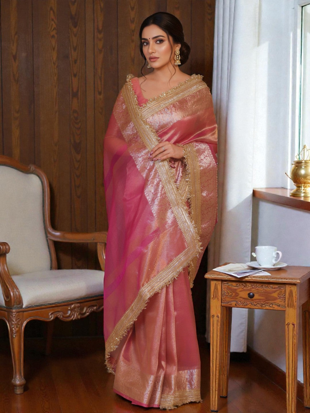 Peach Banarasi Tissue Saree with Elegant Gold Zari Border