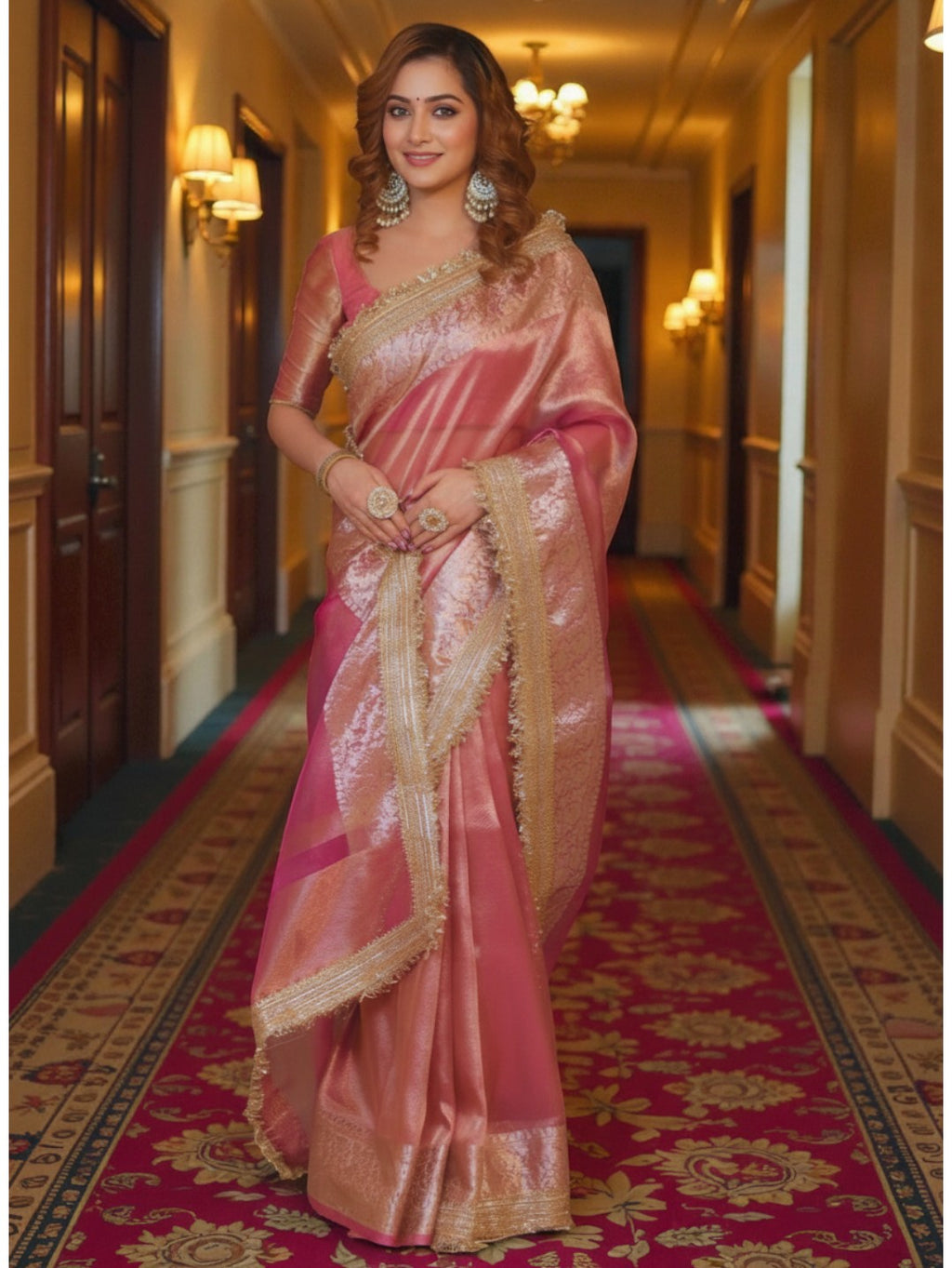 Peach Banarasi Tissue Saree with Elegant Gold Zari Border