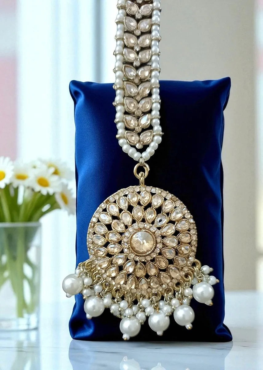 Multi-Layer Pearl Kundan Choker Set with Maang Tikka & Jhumka Earrings – Bridal Statement Jewellery