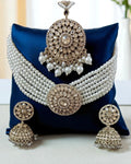 Multi-Layer Pearl Kundan Choker Set with Maang Tikka & Jhumka Earrings – Bridal Statement Jewellery