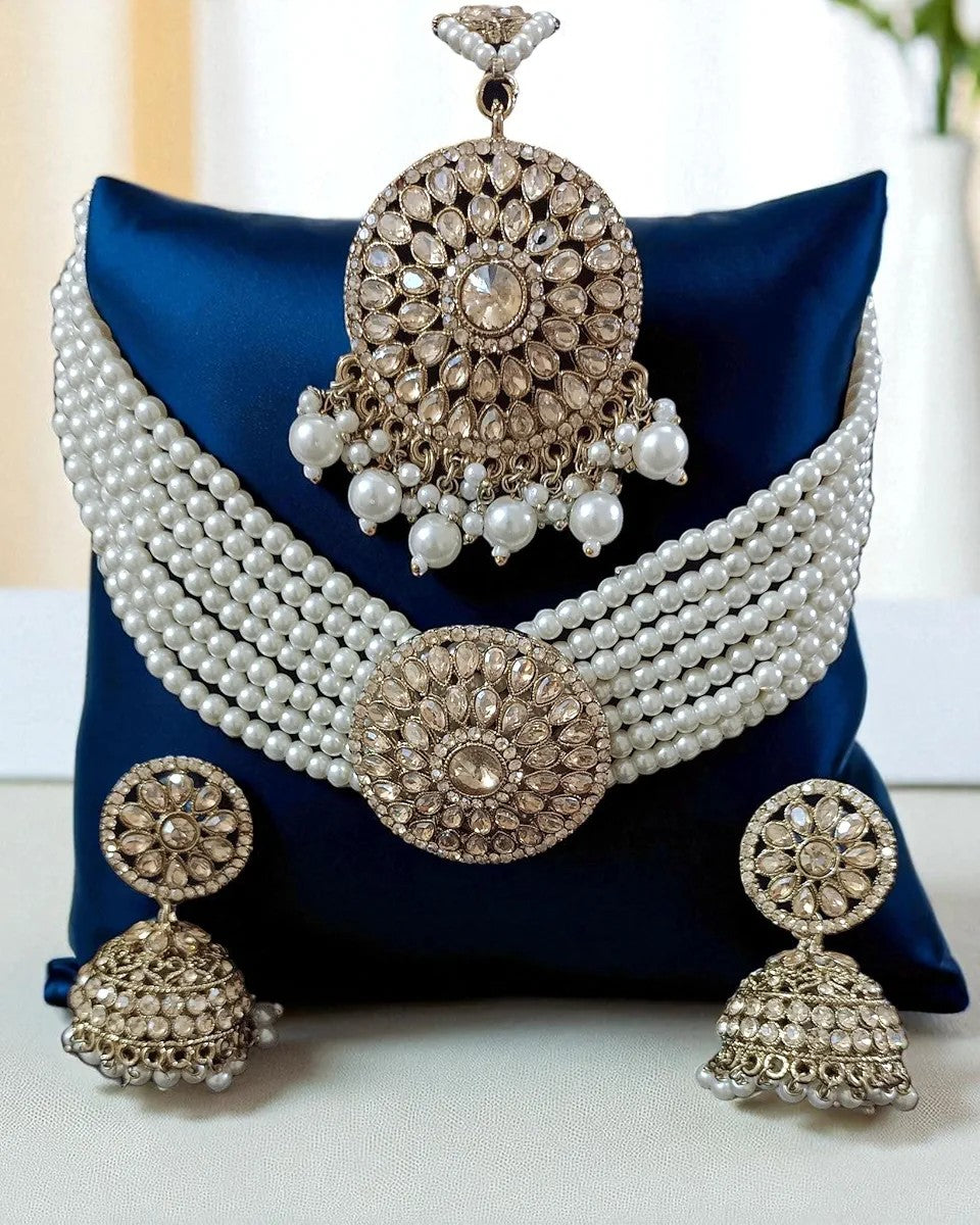 Multi-Layer Pearl Kundan Choker Set with Maang Tikka & Jhumka Earrings – Bridal Statement Jewellery