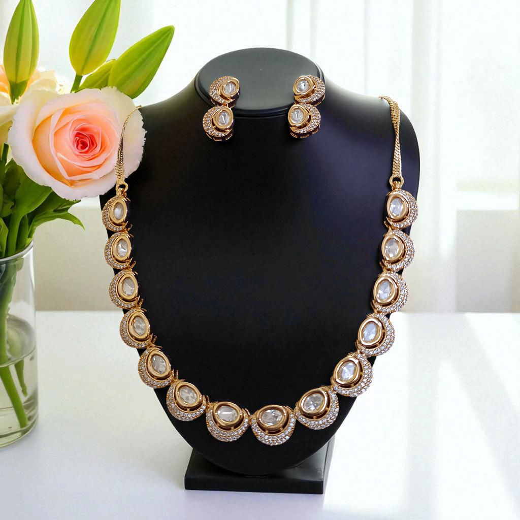 Moissanite Kundan Short Necklace Set with Earrings – White & Emerald Green | Bridal & Festive Jewellery