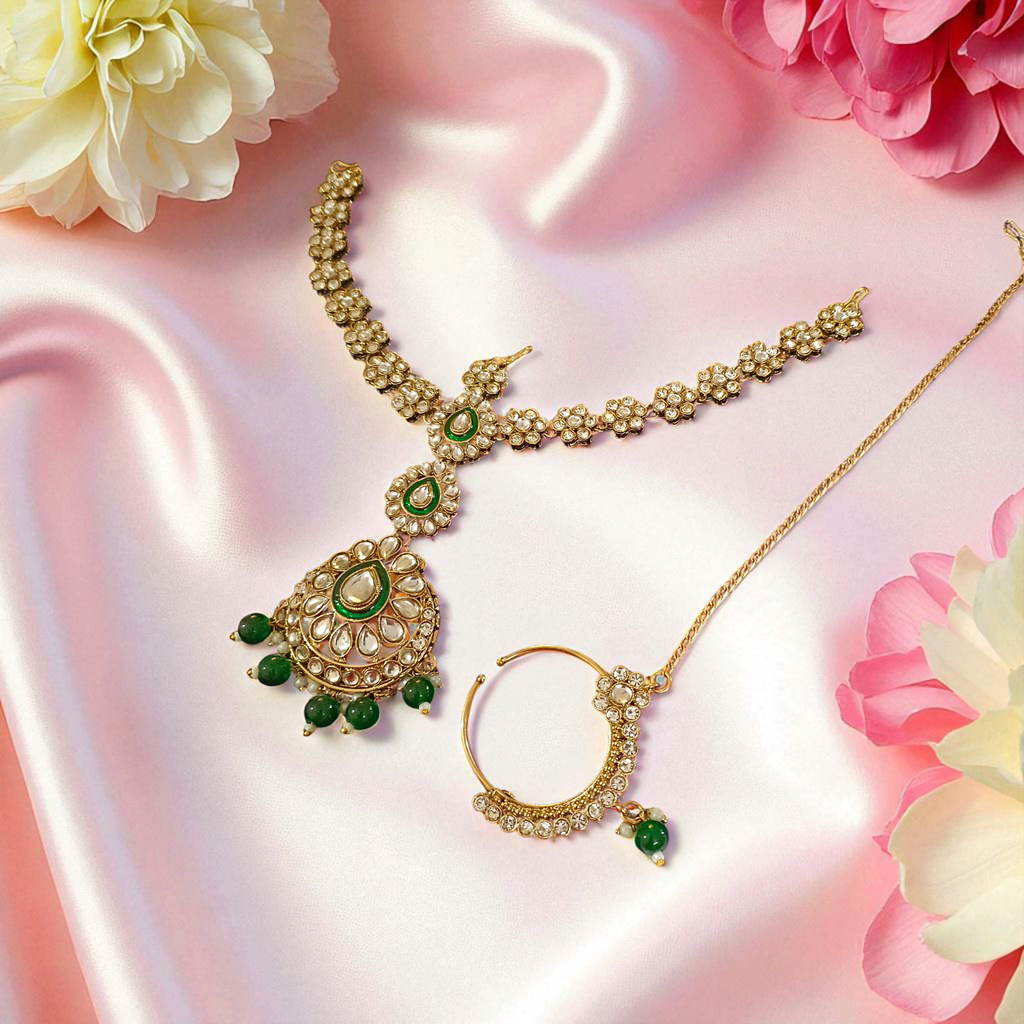 Grand Kundan Bridal Jewellery Set with Maatha Patti & Nath – Royal Wedding Collection