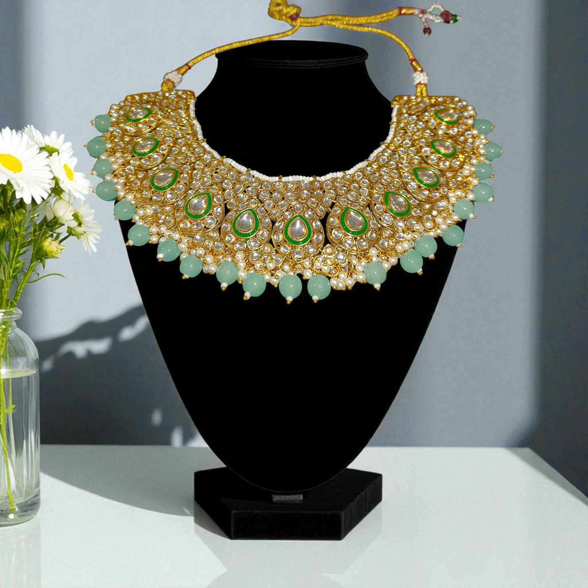 myFashion Gold-Plated Kundan Choker Necklace Set with Mint Green Beads | Bridal & Wedding Jewellery Set with Earrings & Maang Tikka