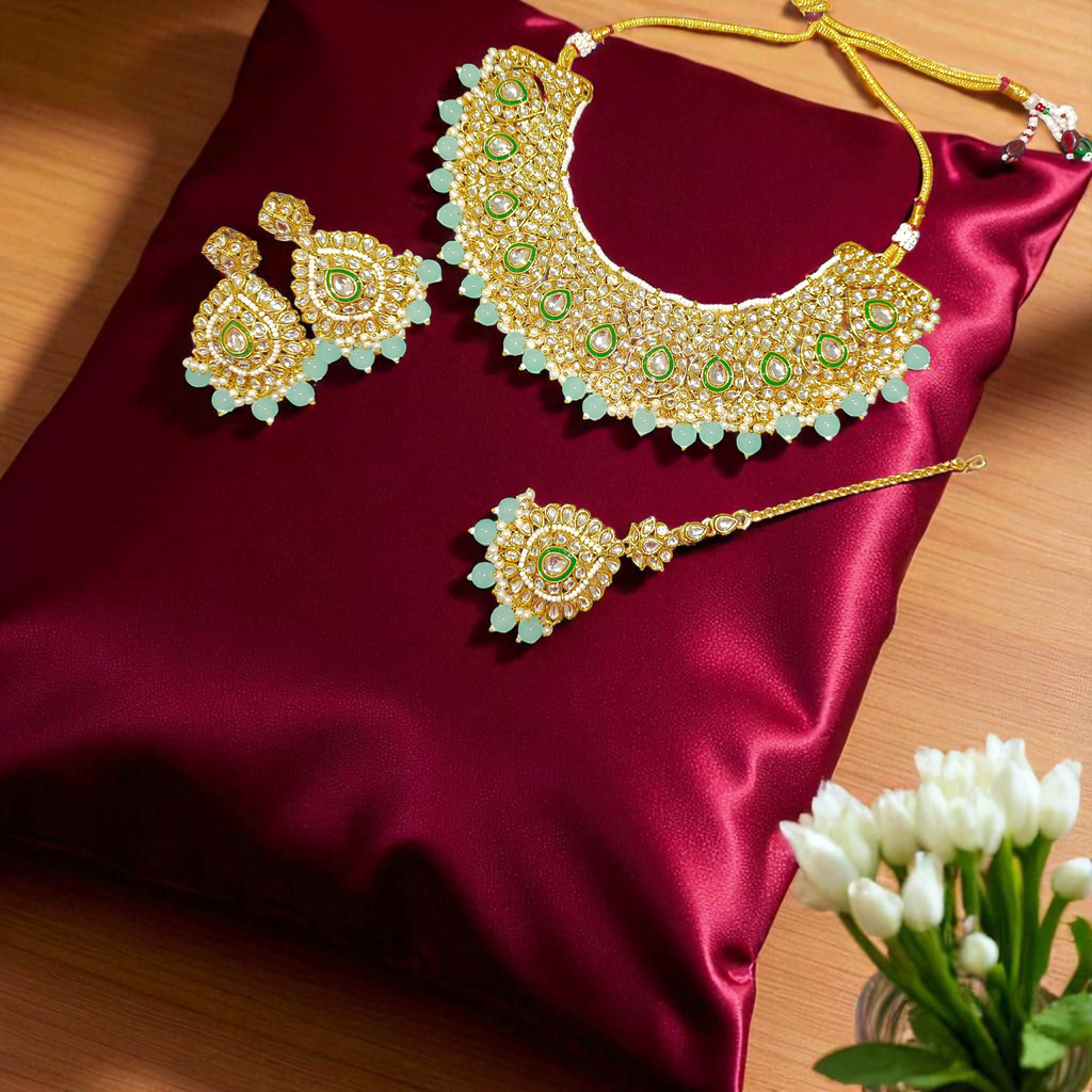 myFashion Gold-Plated Kundan Choker Necklace Set with Mint Green Beads | Bridal & Wedding Jewellery Set with Earrings & Maang Tikka