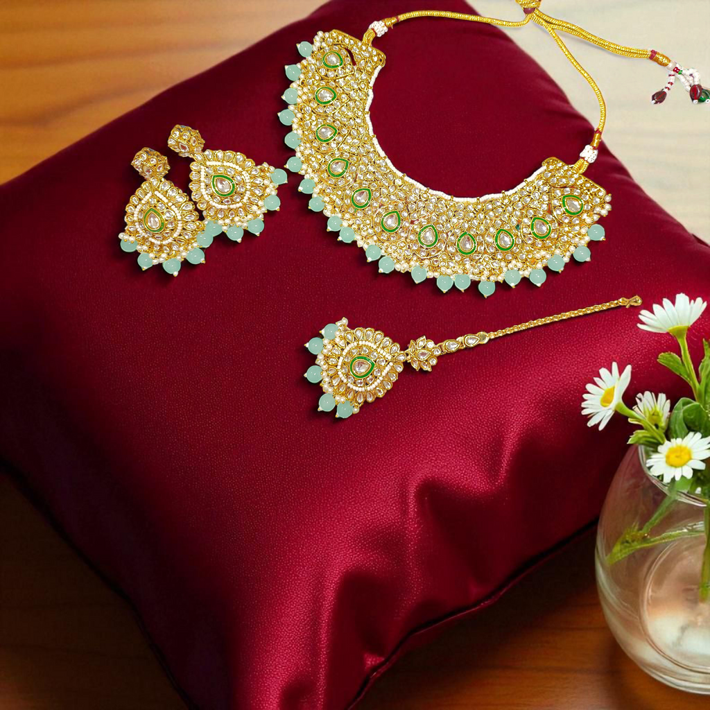 myFashion Gold-Plated Kundan Choker Necklace Set with Mint Green Beads | Bridal & Wedding Jewellery Set with Earrings & Maang Tikka
