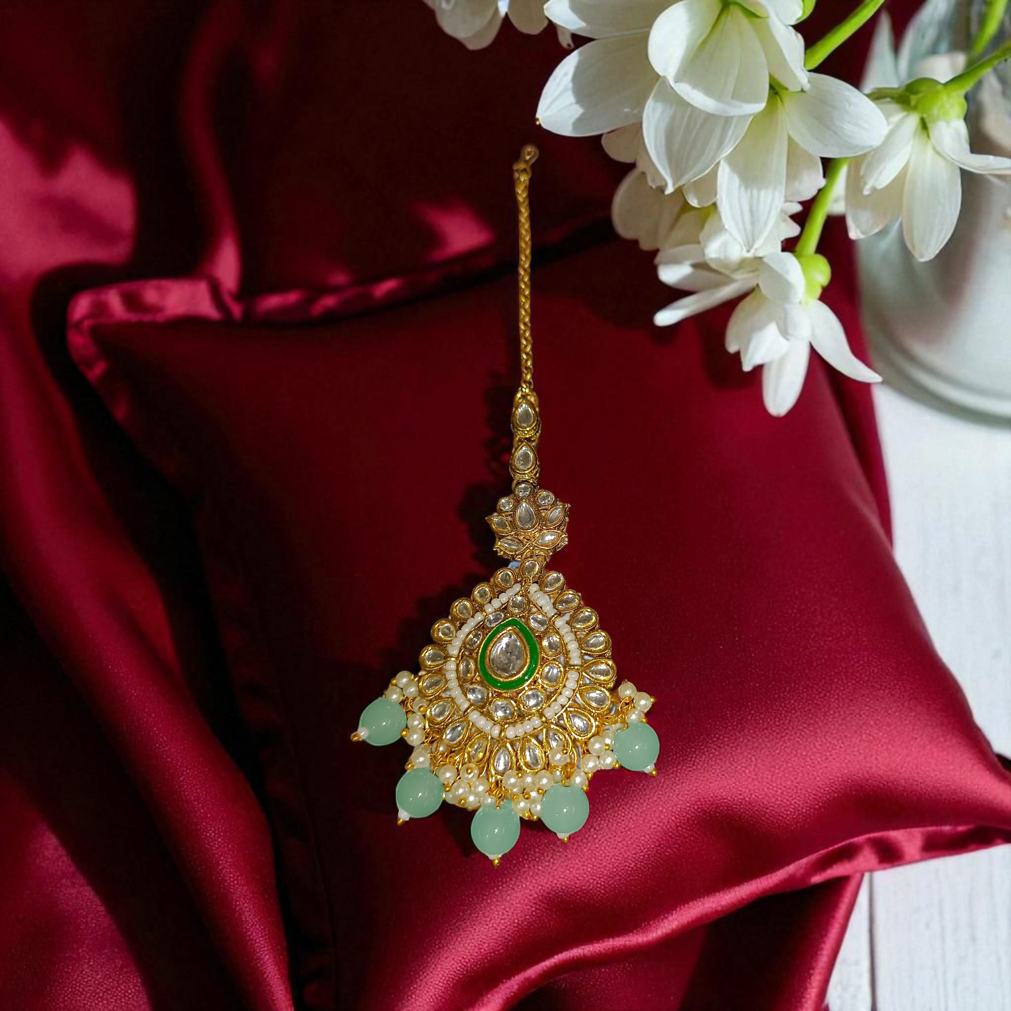 myFashion Gold-Plated Kundan Choker Necklace Set with Mint Green Beads | Bridal & Wedding Jewellery Set with Earrings & Maang Tikka