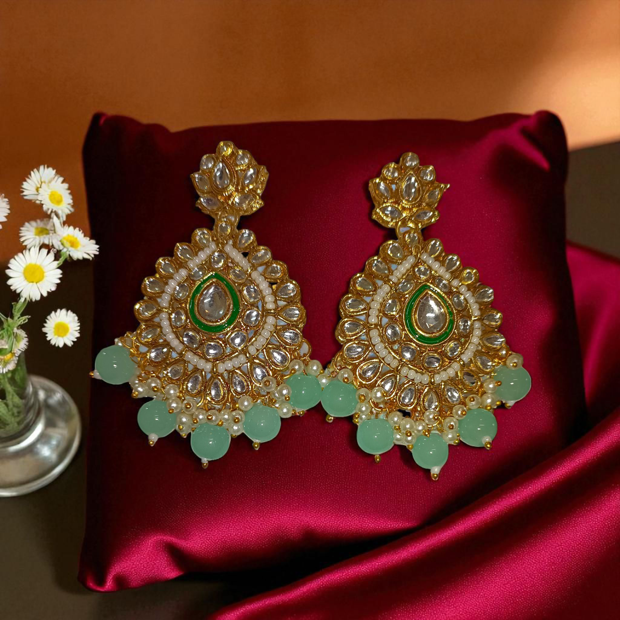 myFashion Gold-Plated Kundan Choker Necklace Set with Mint Green Beads | Bridal & Wedding Jewellery Set with Earrings & Maang Tikka
