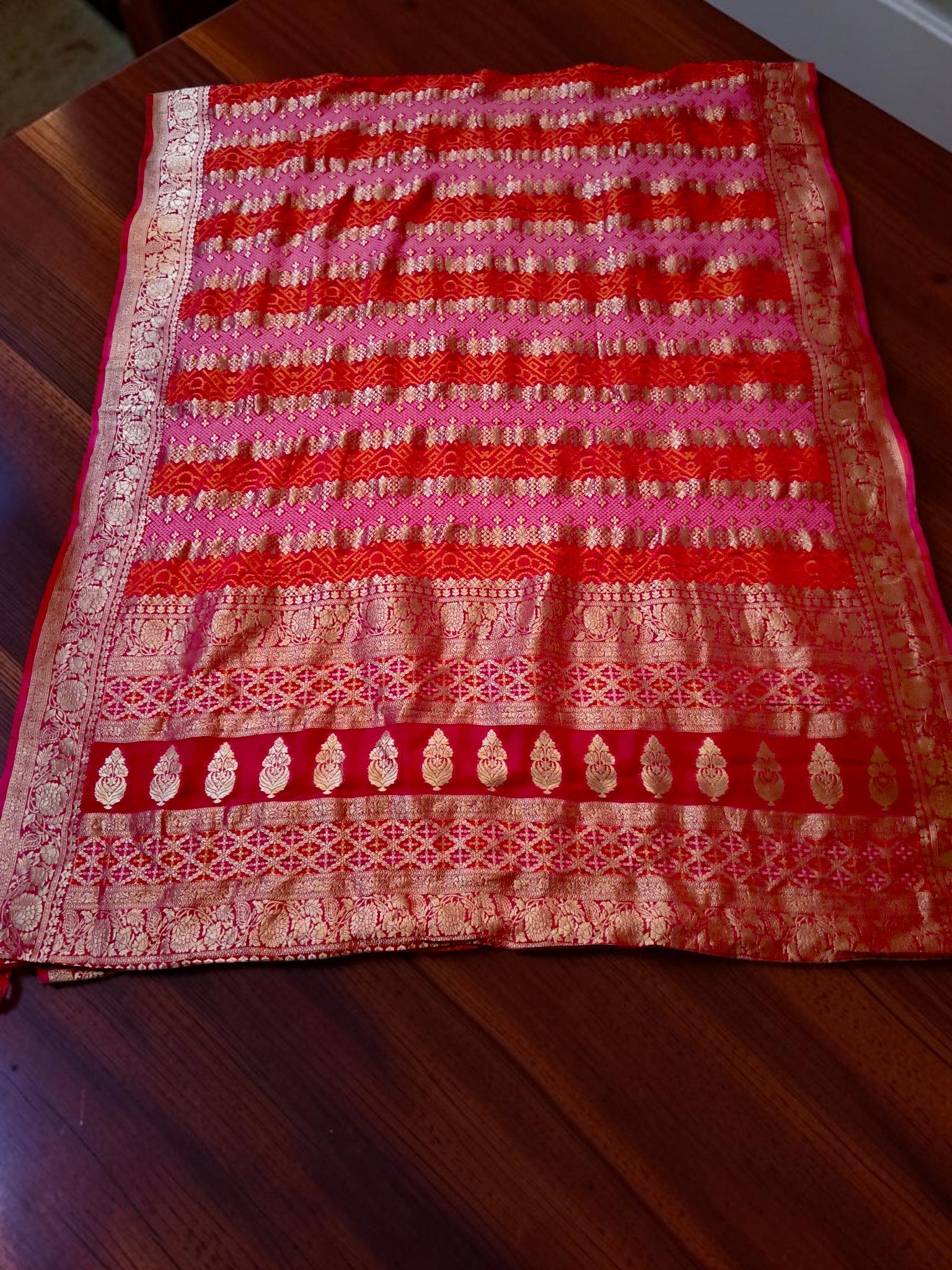 Pink & Red Khadi Georgette Bandhani Saree with Rich Banarasi Zari Weaving | Premium Festive & Wedding Wear Saree for Women