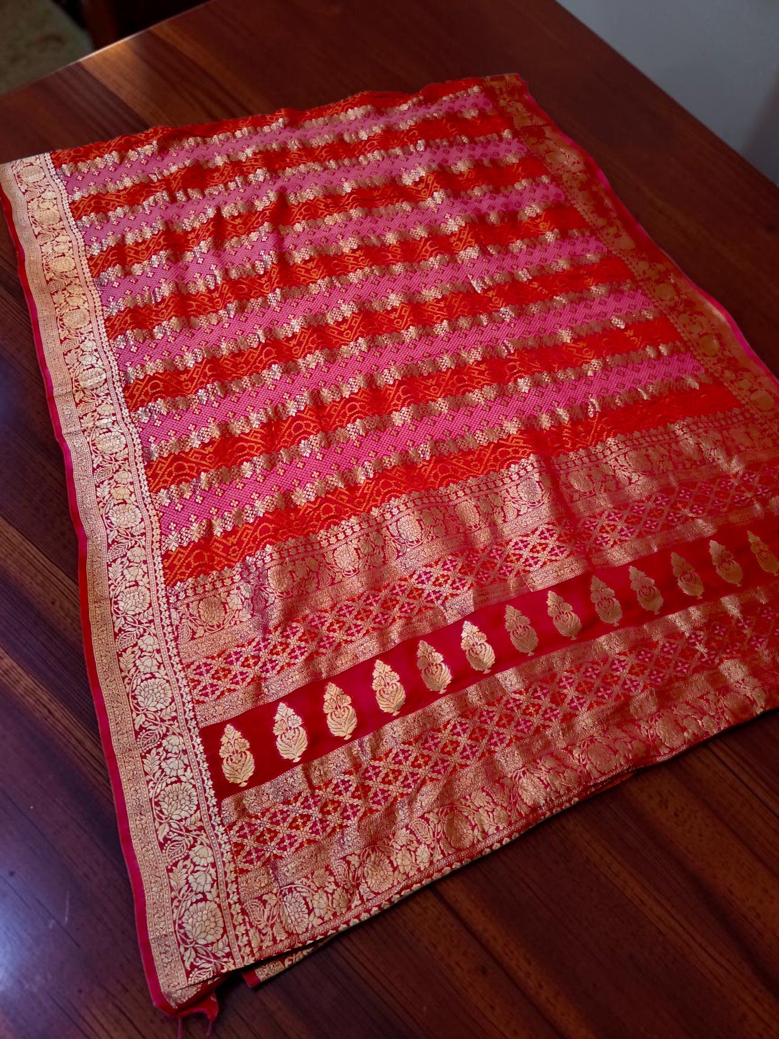Pink & Red Khadi Georgette Bandhani Saree with Rich Banarasi Zari Weaving | Premium Festive & Wedding Wear Saree for Women