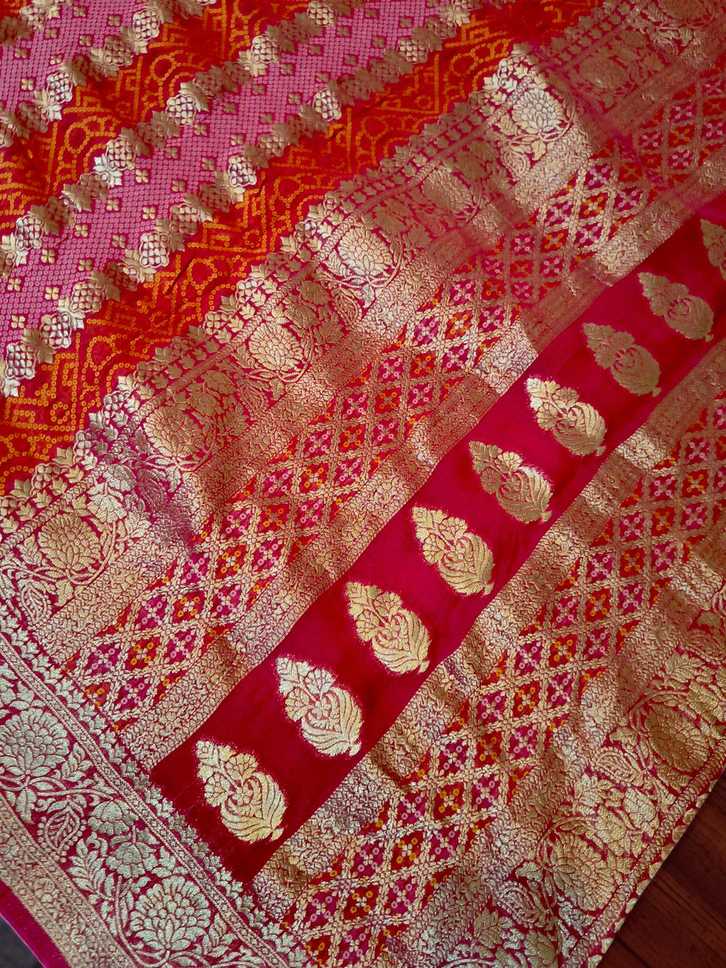Pink & Red Khadi Georgette Bandhani Saree with Rich Banarasi Zari Weaving | Premium Festive & Wedding Wear Saree for Women