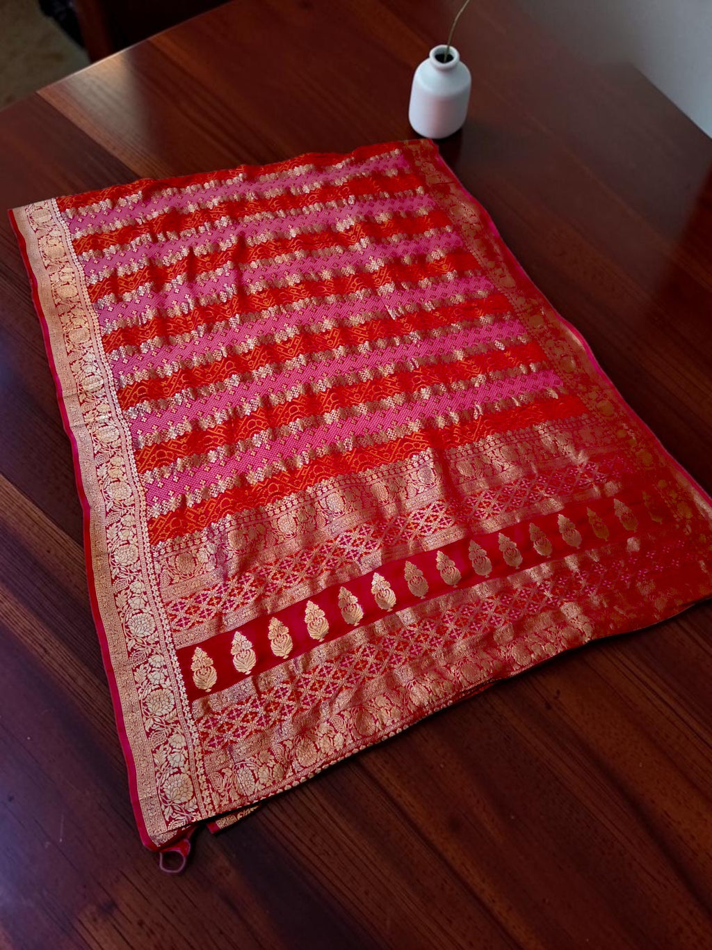Pink & Red Khadi Georgette Bandhani Saree with Rich Banarasi Zari Weaving | Premium Festive & Wedding Wear Saree for Women