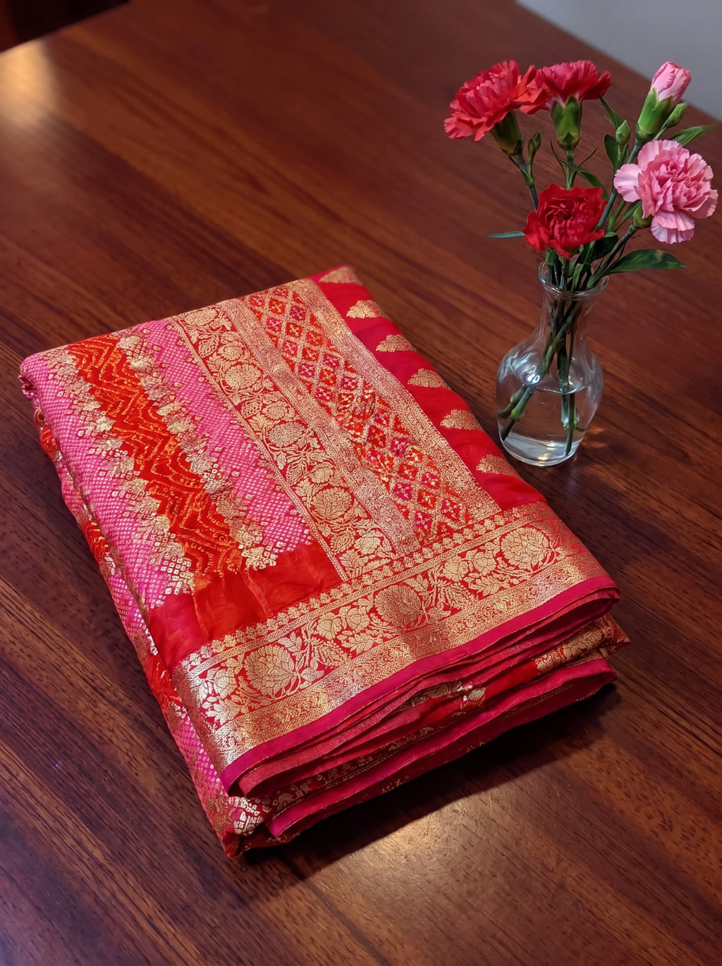 Pink & Red Khadi Georgette Bandhani Saree with Rich Banarasi Zari Weaving | Premium Festive & Wedding Wear Saree for Women