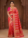 Pink & Red Khadi Georgette Bandhani Saree with Rich Banarasi Zari Weaving | Premium Festive & Wedding Wear Saree for Women