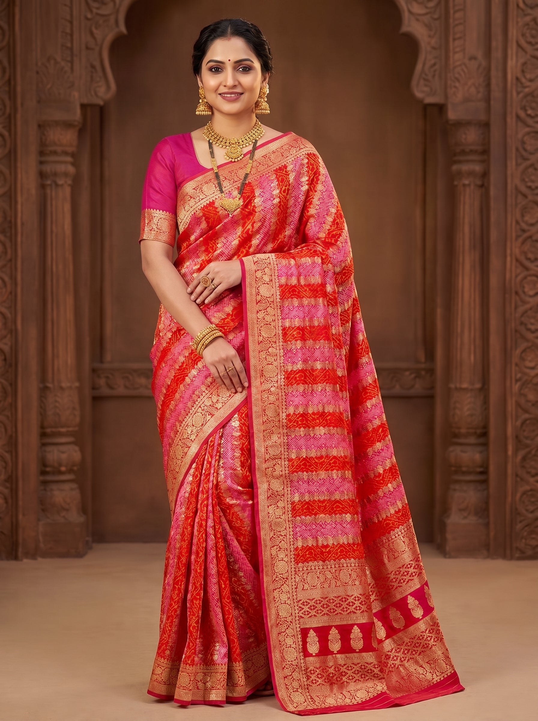 Pink & Red Khadi Georgette Bandhani Saree with Rich Banarasi Zari Weaving | Premium Festive & Wedding Wear Saree for Women