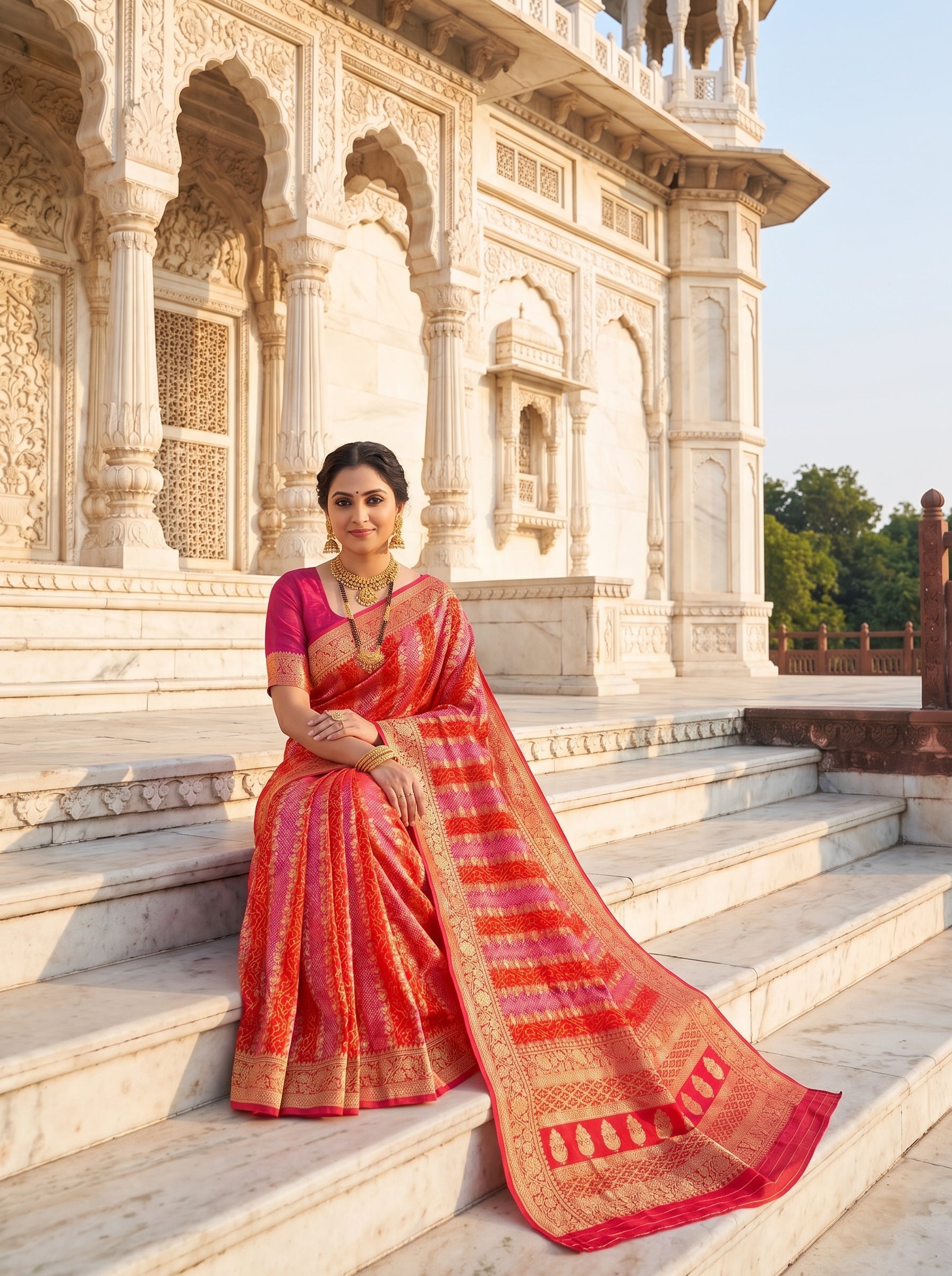 Pink & Red Khadi Georgette Bandhani Saree with Rich Banarasi Zari Weaving | Premium Festive & Wedding Wear Saree for Women