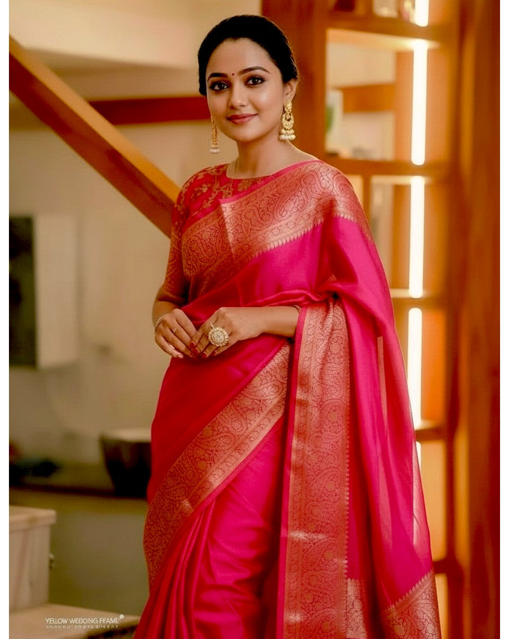 myFashion Rani Pink Warm Silk Banarasi Saree with Rich Gold Zari Border & Jaal Pattern Woven Blouse