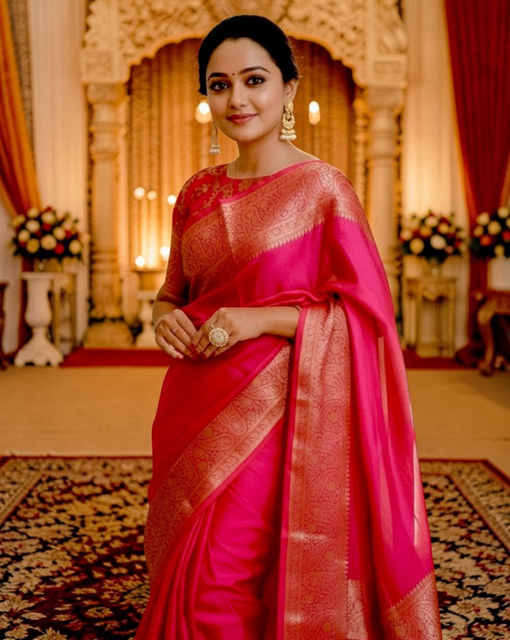 myFashion Rani Pink Warm Silk Banarasi Saree with Rich Gold Zari Border & Jaal Pattern Woven Blouse