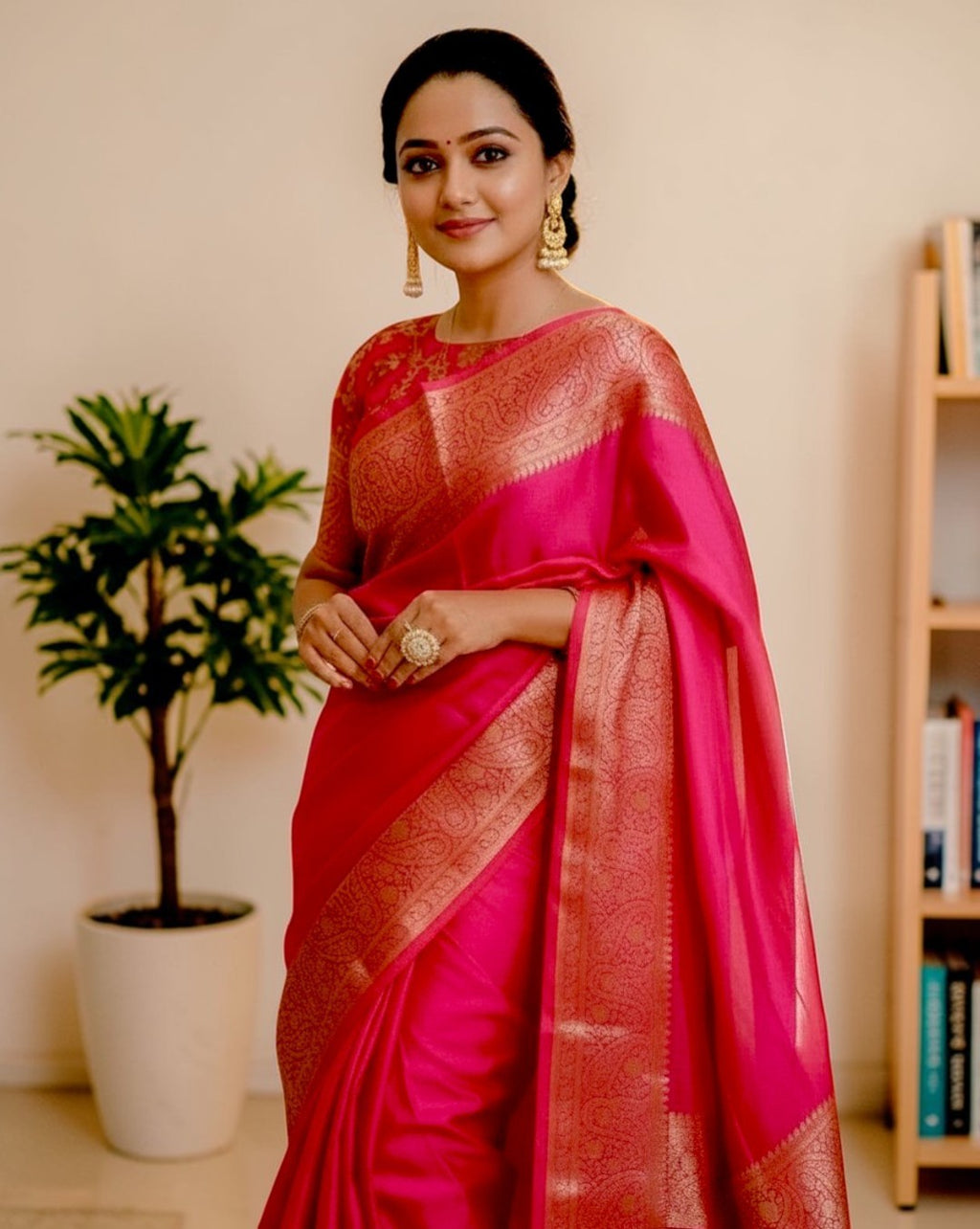 myFashion Rani Pink Warm Silk Banarasi Saree with Rich Gold Zari Border & Jaal Pattern Woven Blouse