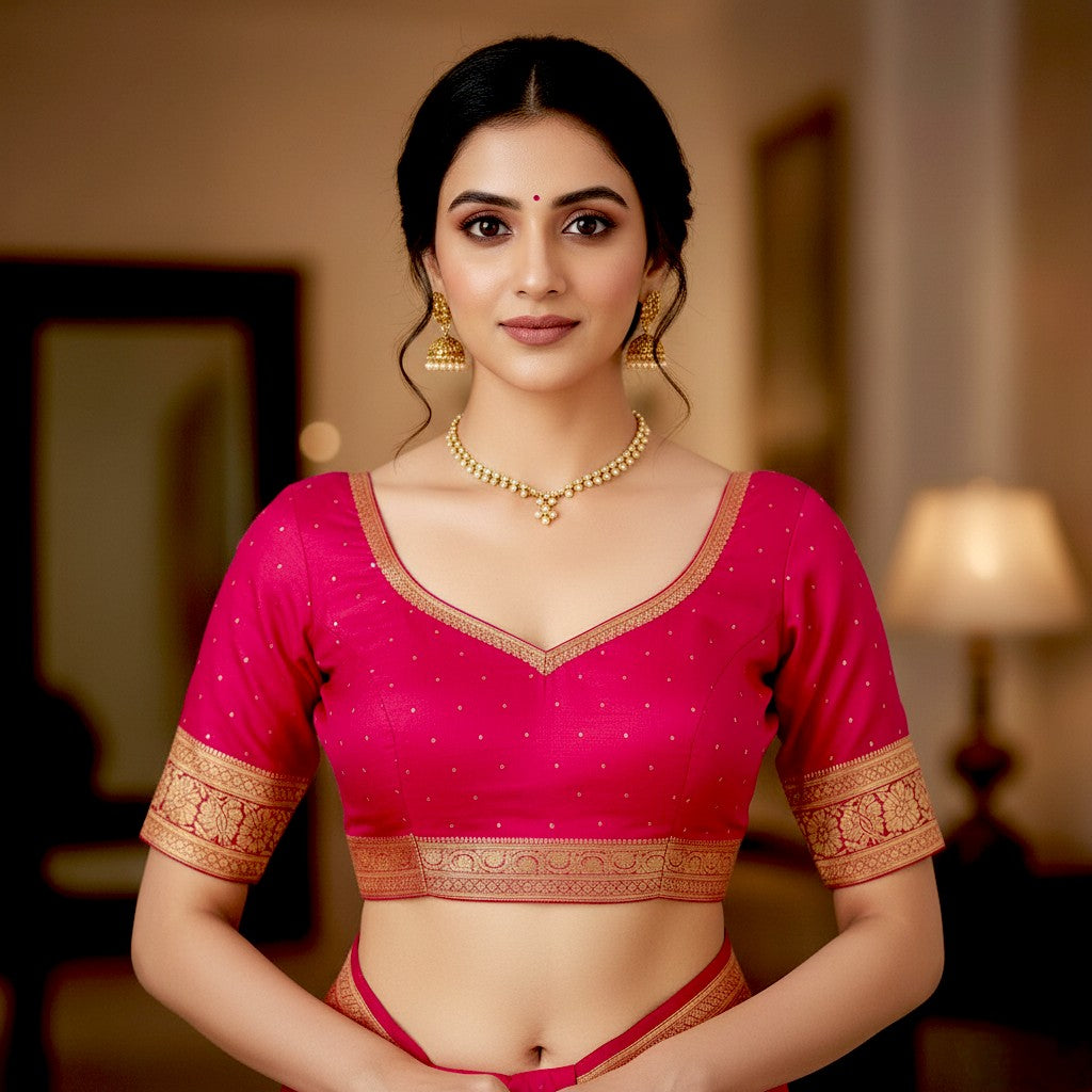 Banarasi Chinon Silk Jaal work  Rani Pink Saree