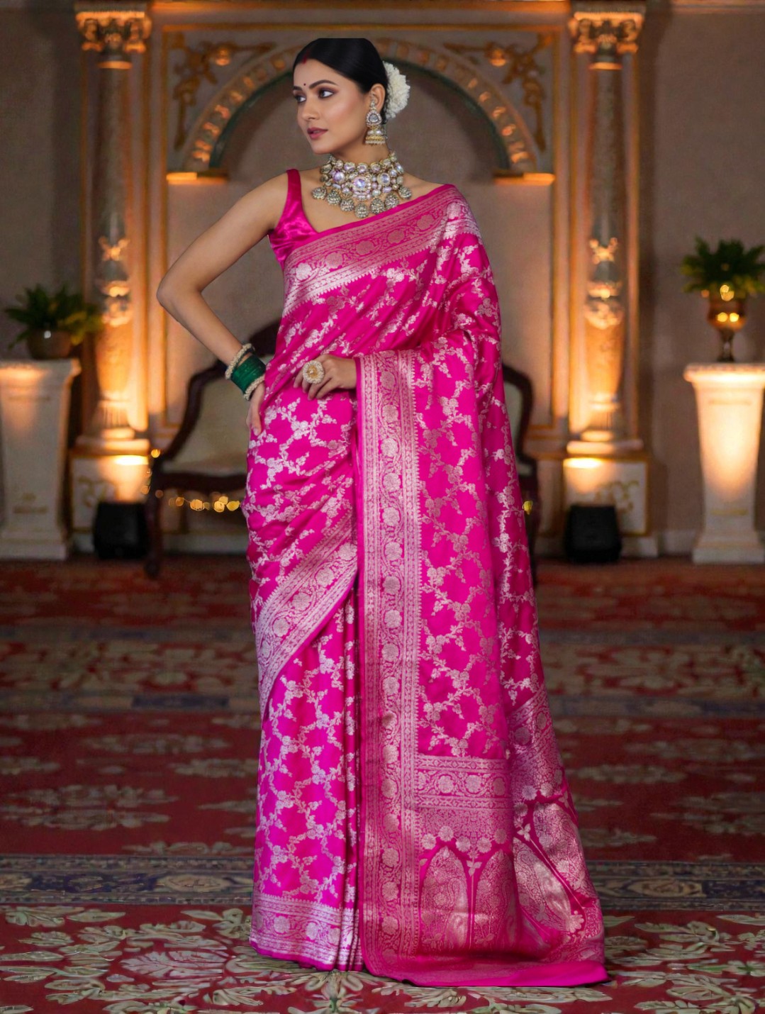 Pink Banarasi Mashru Silk Saree with Floral Jaal Weaving – Traditional Handwoven Banarasi Wedding & Festive Saree