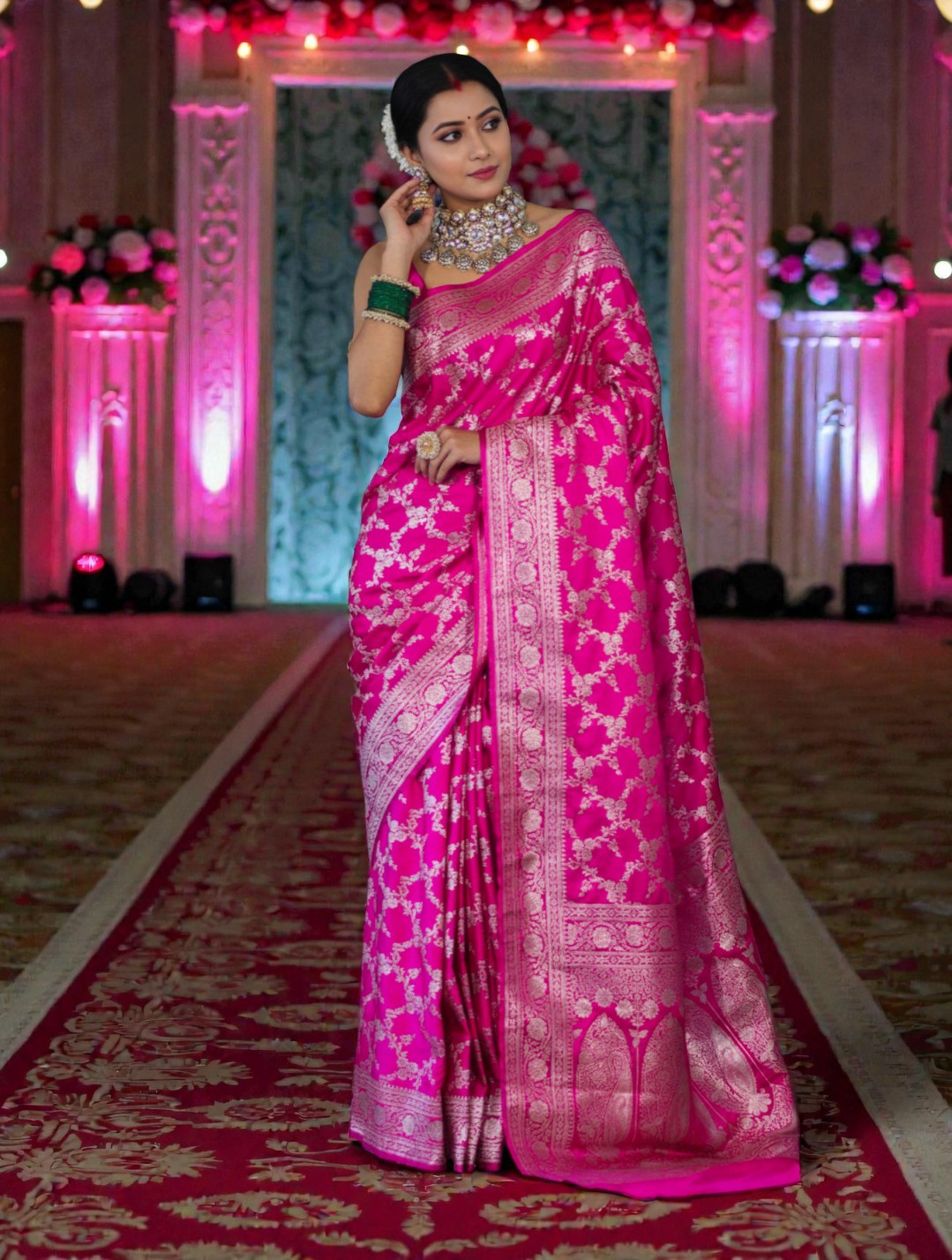 Pink Banarasi Mashru Silk Saree with Floral Jaal Weaving – Traditional Handwoven Banarasi Wedding & Festive Saree