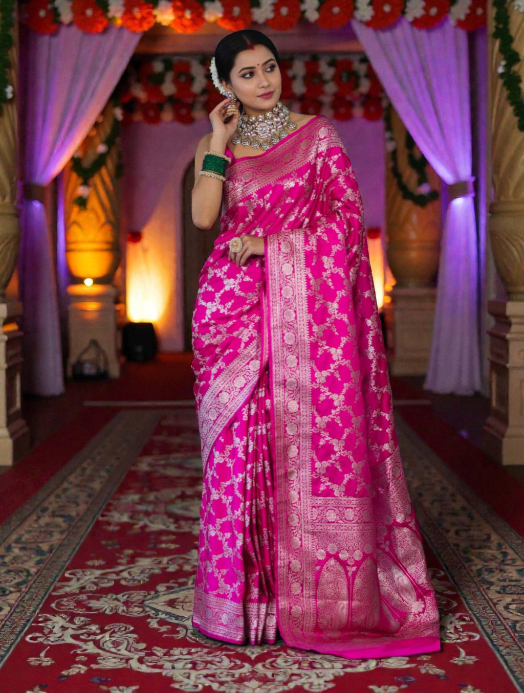 Pink Banarasi Mashru Silk Saree with Floral Jaal Weaving – Traditional Handwoven Banarasi Wedding & Festive Saree