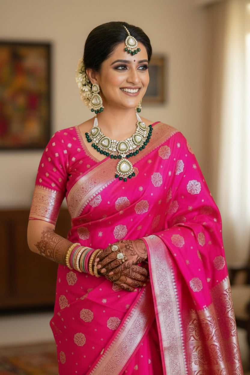 myFashion Kundan gold plated Necklace Set with Green beads, white Pearl Beaded Design
