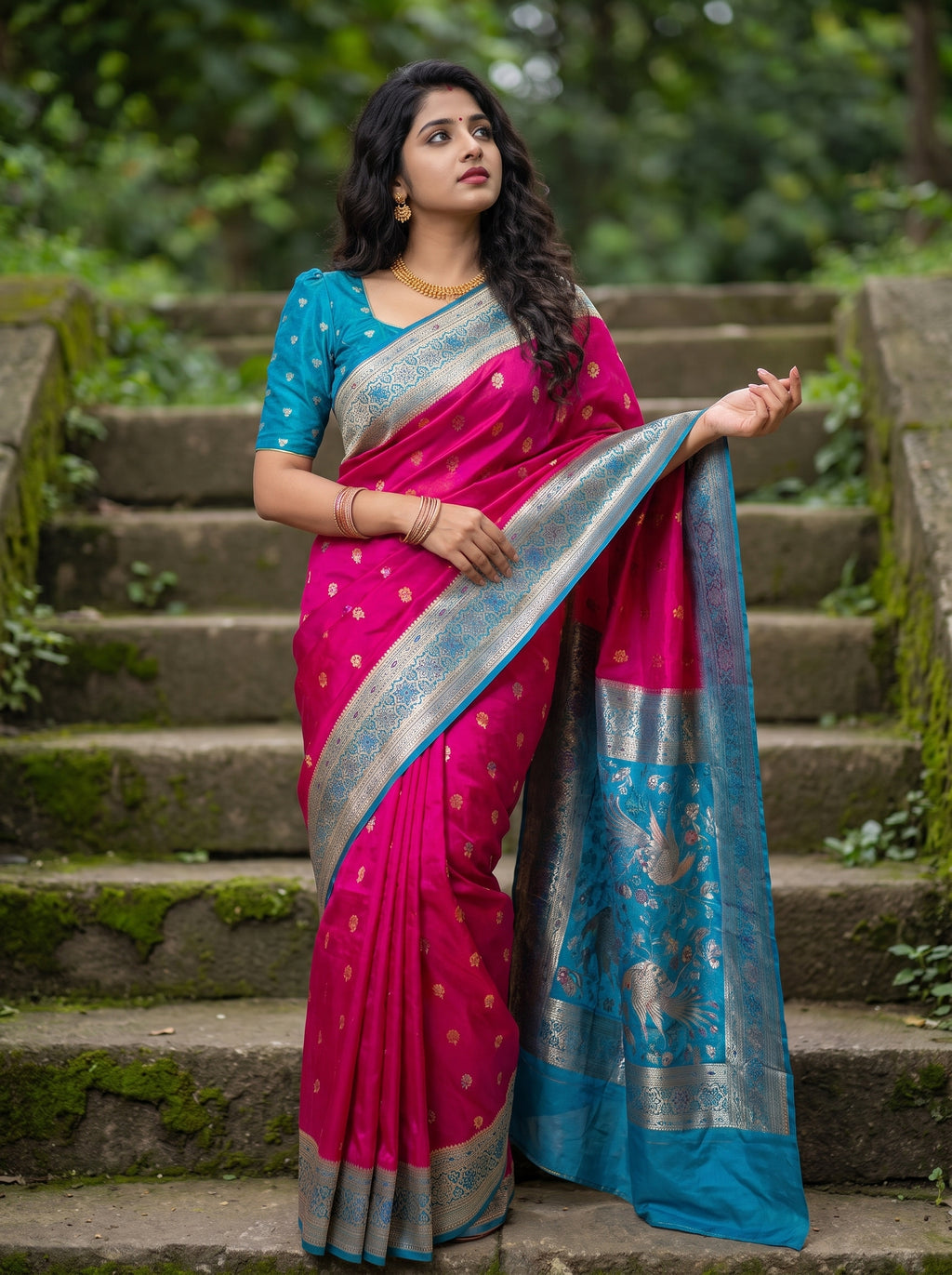 Rani Pink Banarasi Semi Silk Saree with Contrast Teal Blue Peacock Woven Pallu & Zari Buti