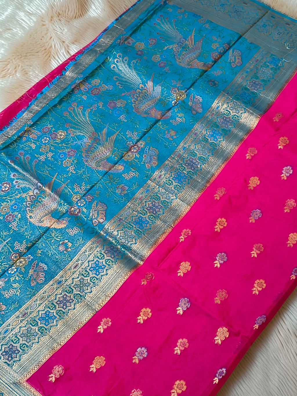 Rani Pink Banarasi Semi Silk Saree with Contrast Teal Blue Peacock Woven Pallu & Zari Buti