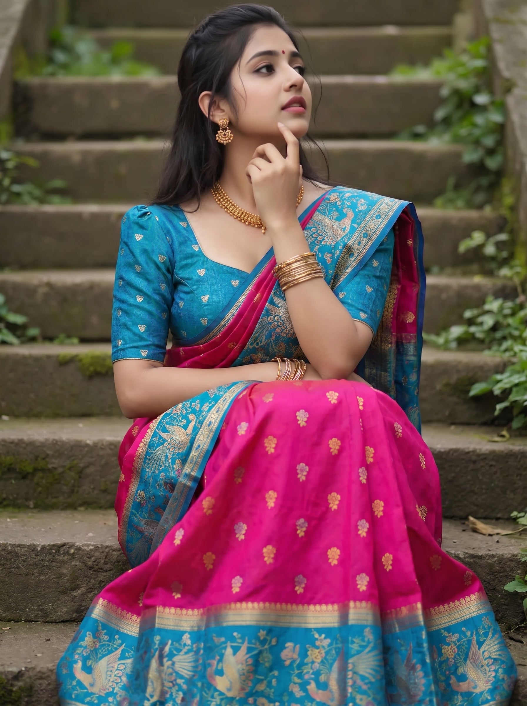 Rani Pink Banarasi Semi Silk Saree with Contrast Teal Blue Peacock Woven Pallu & Zari Buti