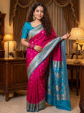 Rani Pink Banarasi Semi Silk Saree with Contrast Teal Blue Peacock Woven Pallu & Zari Buti