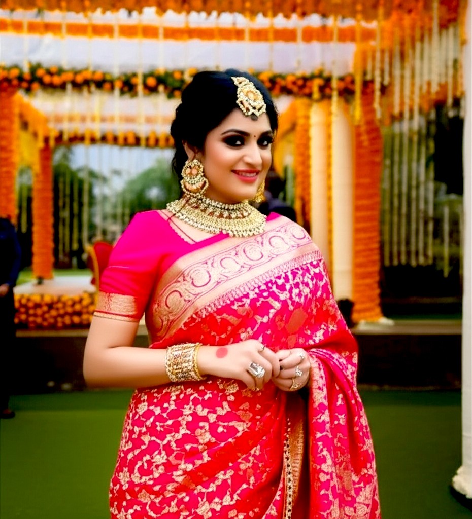 Banarasi Chinon Silk Jaal work  Rani Pink Saree