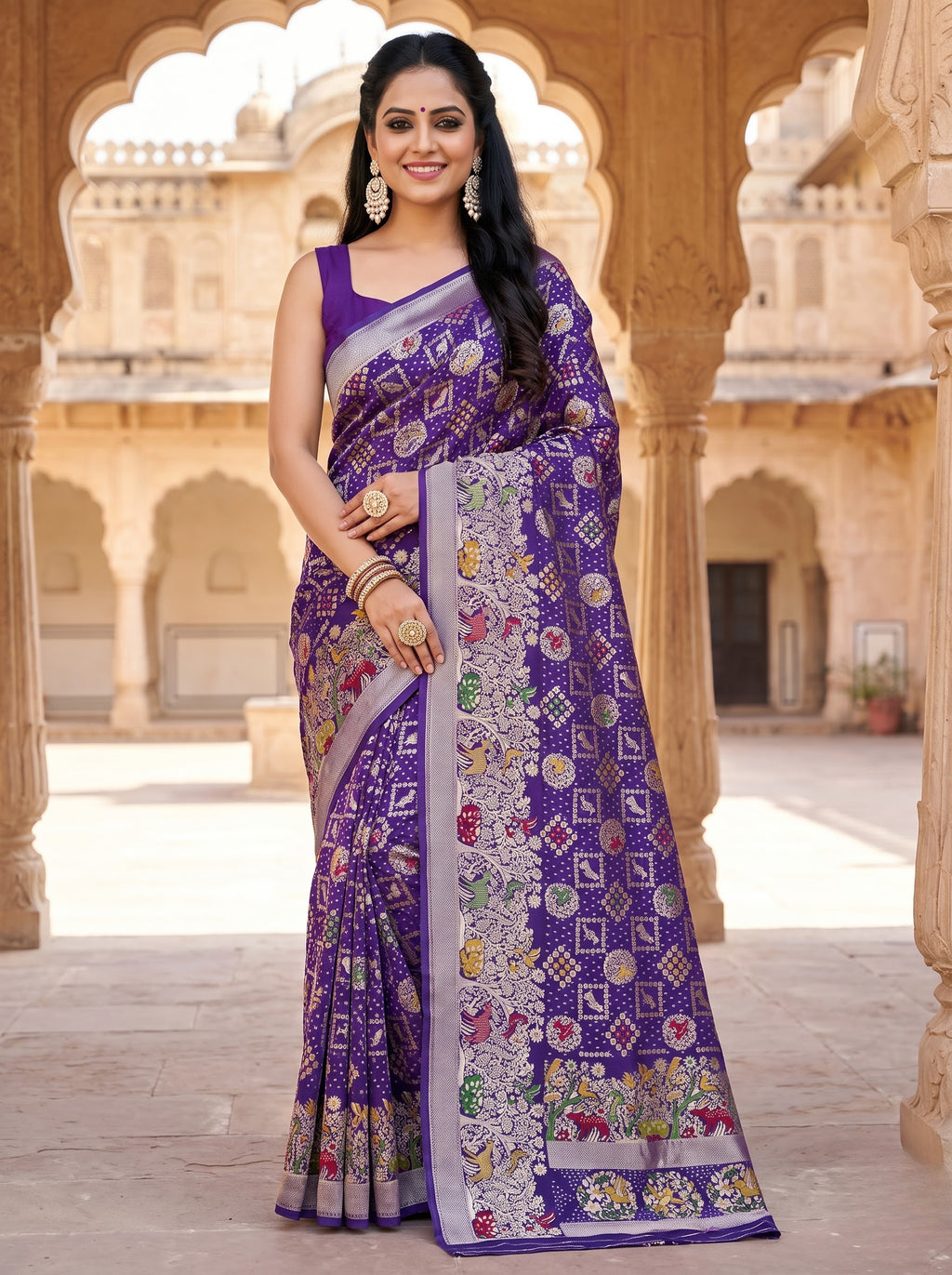 Regal Purple Khaddi Georgette Saree with Multicolor Floral & Zari Border