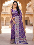 Regal Purple Khaddi Georgette Saree with Multicolor Floral & Zari Border