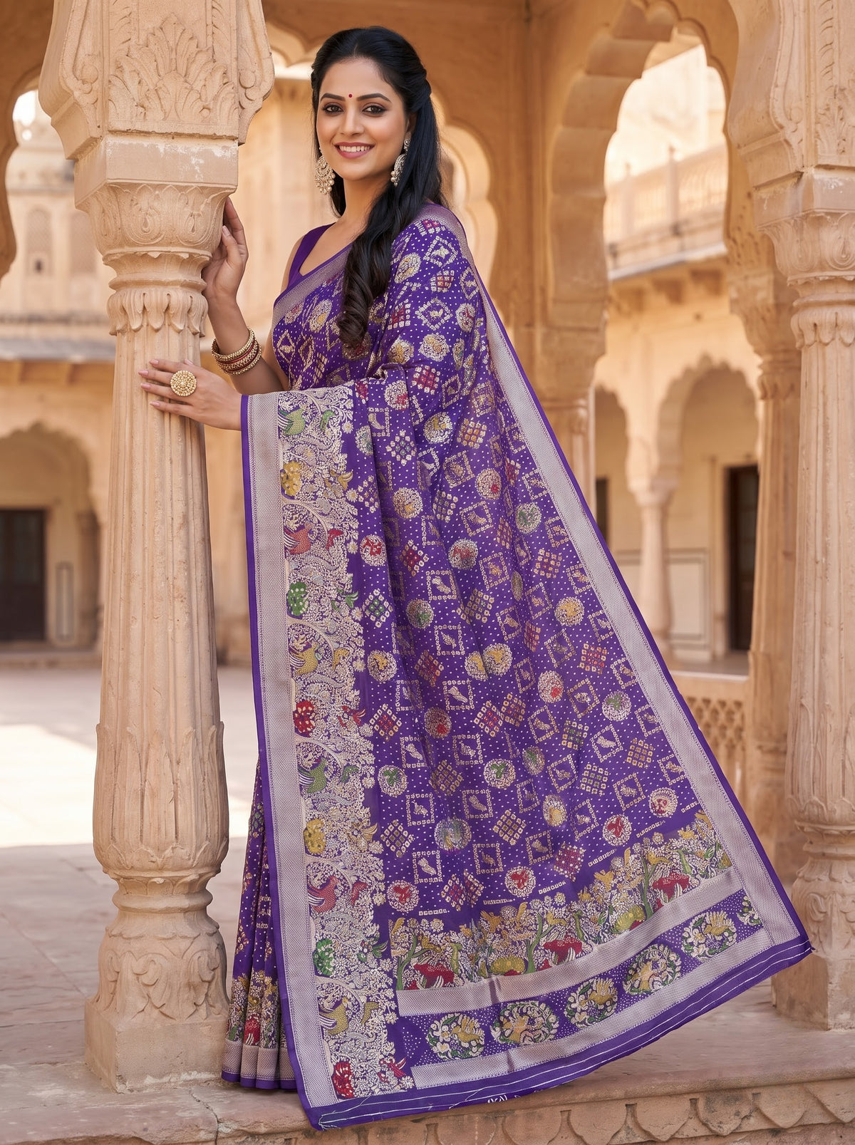 Regal Purple Khaddi Georgette Saree with Multicolor Floral & Zari Border