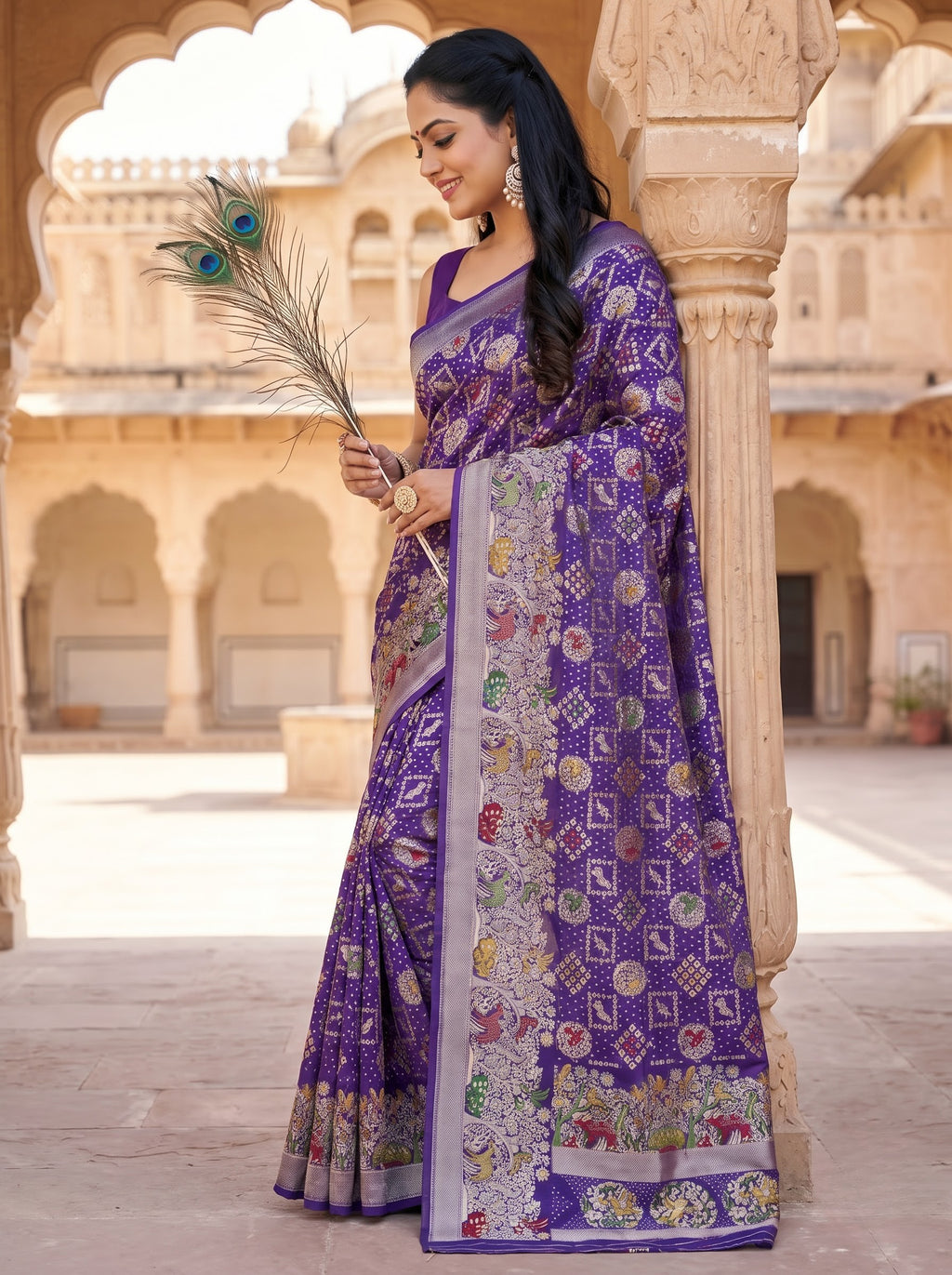 Regal Purple Khaddi Georgette Saree with Multicolor Floral & Zari Border