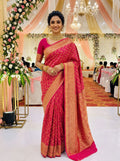 Rani Pink Chinon Silk Saree with Intricate Zari Floral & Paisley Woven Design