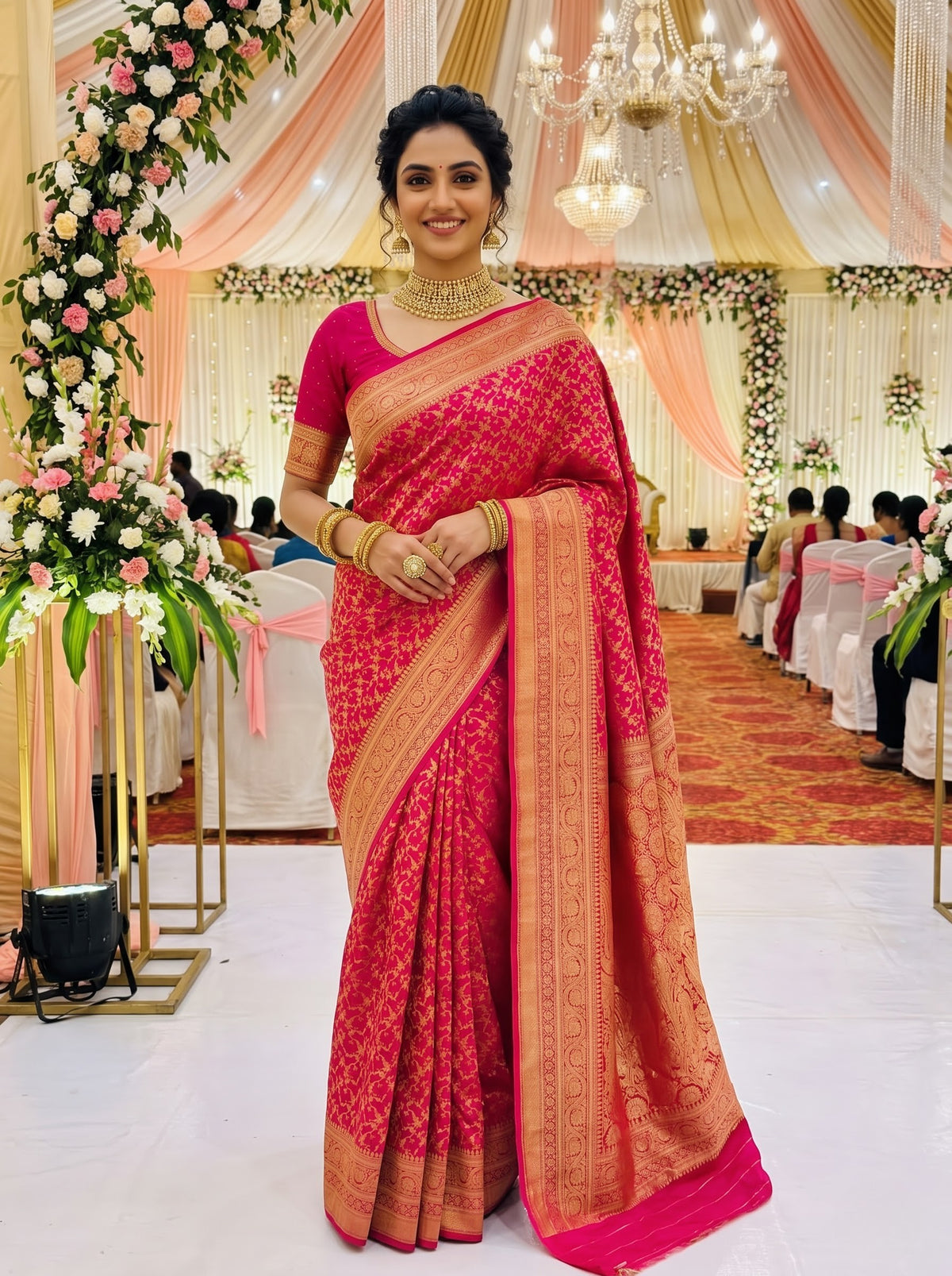 Rani Pink Chinon Silk Saree with Intricate Zari Floral & Paisley Woven Design