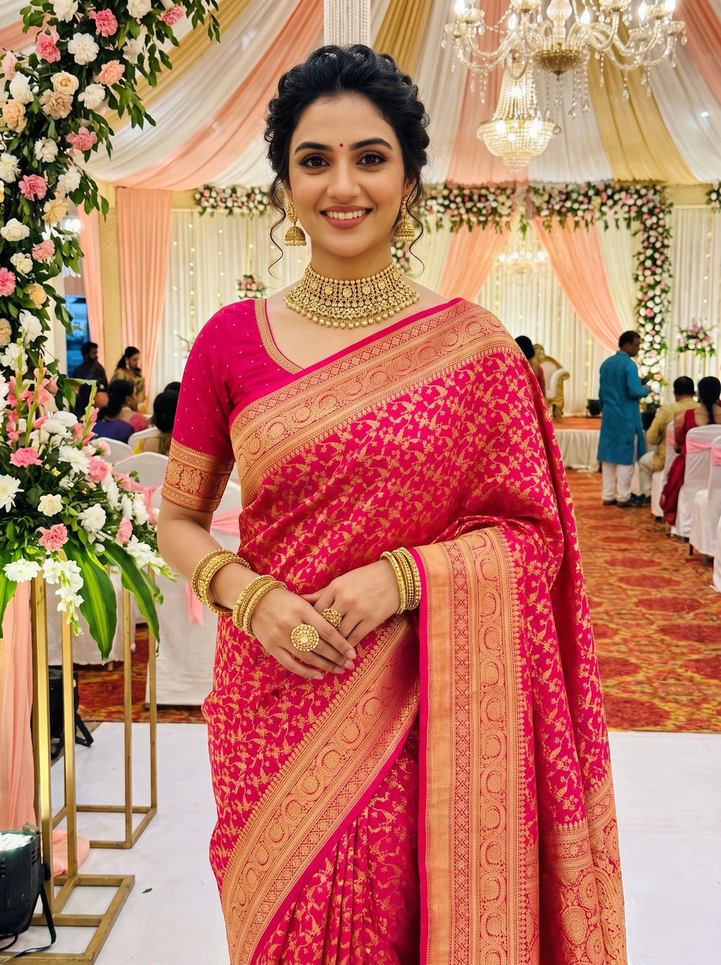 Rani Pink Chinon Silk Saree with Intricate Zari Floral & Paisley Woven Design