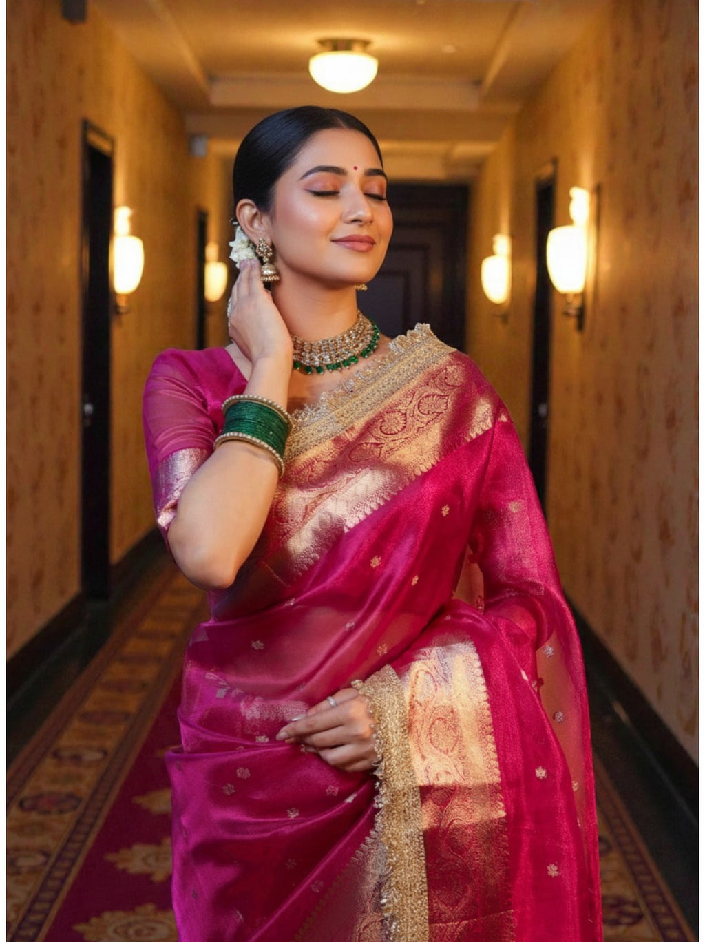 Rani Pink Banarasi Tissue Saree with Rich Gold Zari Border
