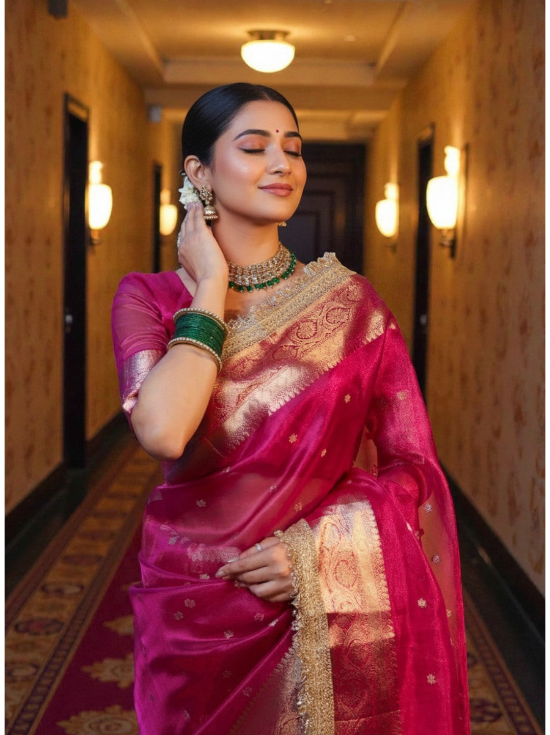 Rani Pink Banarasi Tissue Saree with Rich Gold Zari Border
